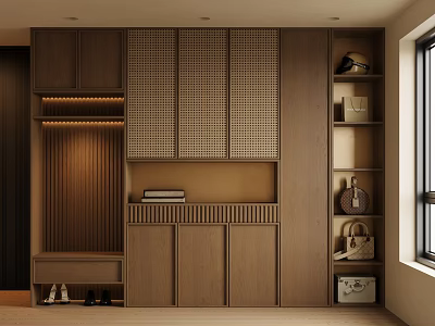 Modern Wooden Shoe Cabinet Interior Design With Storage Shelves Hooks And Bag Holder Near Window 3d model