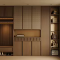 Modern Wooden Shoe Cabinet Interior Design With Storage Shelves Hooks And Bag Holder Near Window