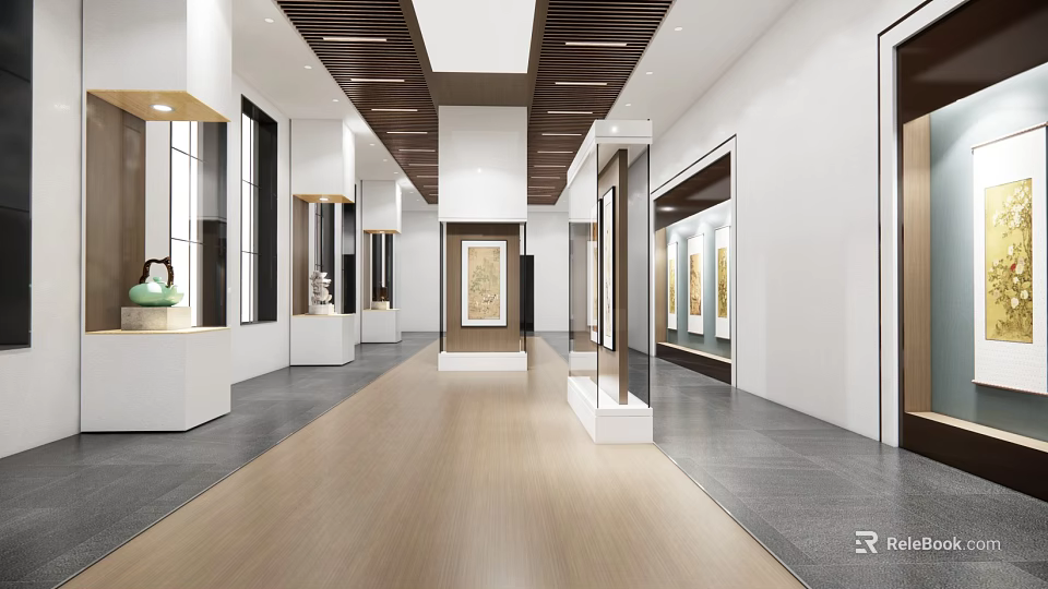 Book Art Gallery With Long Corridor Display Cabinets And Traditional Paintings 3d model 