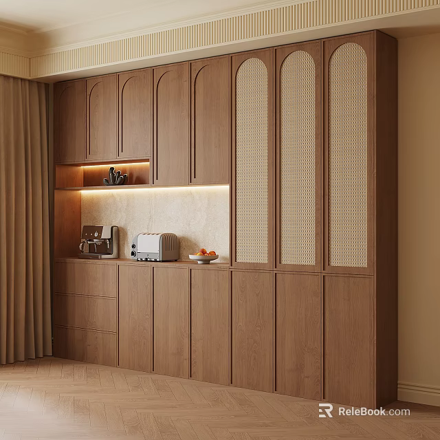 Modern Rustic Wooden Sideboard With Lattice Doors Drawers Open Shelf And Coffee Maker 3d model 