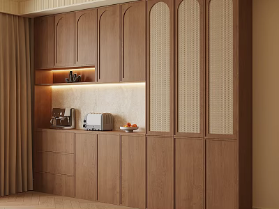 Modern Rustic Wooden Sideboard With Lattice Doors Drawers Open Shelf And Coffee Maker 3d model