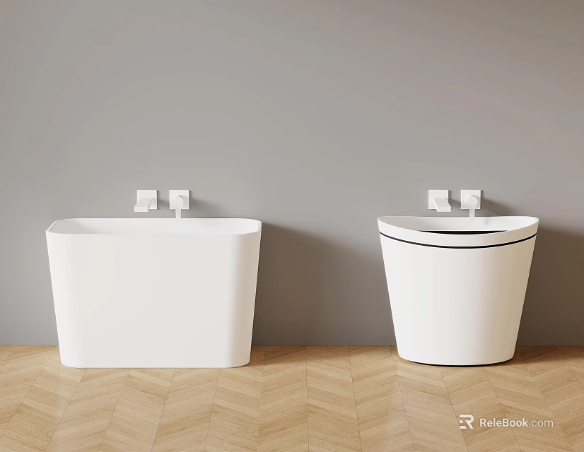 Two Modern White Bathroom Sinks With Different Designs On Herringbone Wooden Floor Against Gray Wall 3d model 