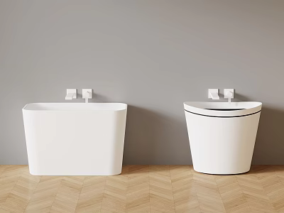Two Modern White Bathroom Sinks With Different Designs On Herringbone Wooden Floor Against Gray Wall 3d model