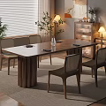 Modern Natural Style Dining Table Set With Chairs Vase Plants And Cabinet