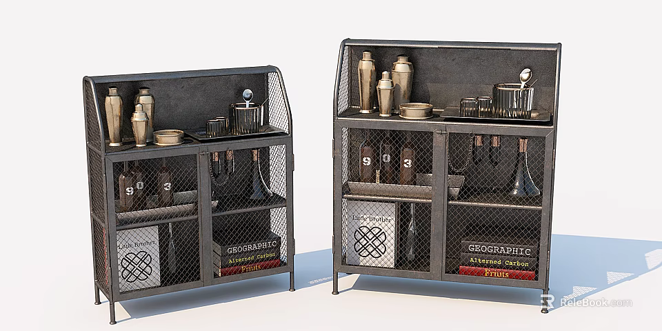 Industrial Metal Mesh Shelves Displaying Bottles Jars Dishes And Books 3d model 