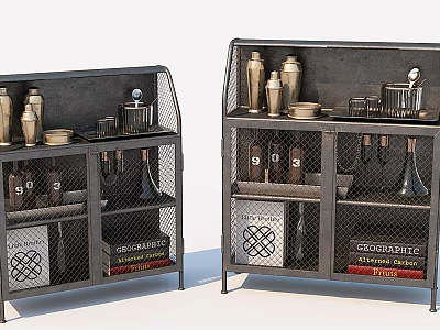 Industrial Metal Mesh Shelves Displaying Bottles Jars Dishes And Books 3d model