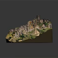 Detailed Ancient Mountain Village Model Built On Rocky Terrain With Traditional Structures And Greenery