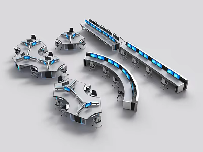 Modern Office Desks In Various Shapes With Computers And Blue Lighting 3d model