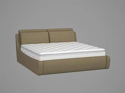 Modern Double Bed With Upholstered Headboard White Quilted Mattress And Brown Frame 3d model
