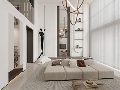 Modern Living Room Interior Design With Beige Sofa Coffee Table Pendant Light Sculpture And Bookshelf 3d model