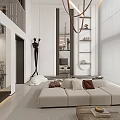Modern Living Room Interior Design With Beige Sofa Coffee Table Pendant Light Sculpture And Bookshelf