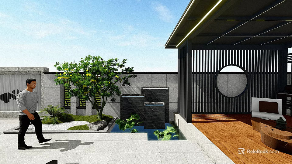 Modern Courtyard Garden With Water Pond Green Plants Wooden Deck And Stone Wall 3d model 