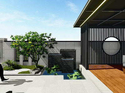 Modern Courtyard Garden With Water Pond Green Plants Wooden Deck And Stone Wall 3d model