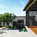 Modern Courtyard Garden With Water Pond Green Plants Wooden Deck And Stone Wall