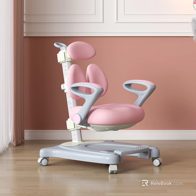 Pink And Gray Kids Chair With Adjustable Height Comfortable Backrest And Wheels 3d model 