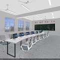 School Bright Classroom With Computers Neat Desks Windows Ceiling Fans And Lights 3d model