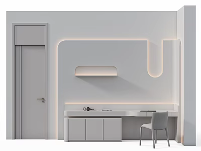 Modern Minimalist White Desk Interior Design With LED Strip Lights Wall Mounted Shelf And Chair 3d model