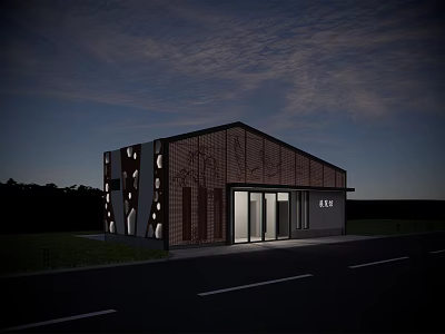 Modern Building With Glass Doors Perforated Facade Illuminated At Evening Roadside 3d model