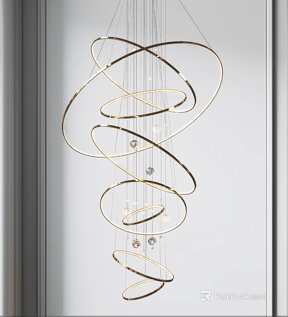 Modern Hanging Golden Circular Rings Chandelier With Light Bulbs Interior Design 3d model 