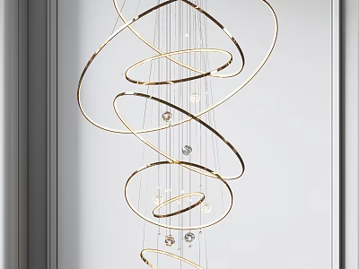 Modern Hanging Golden Circular Rings Chandelier With Light Bulbs Interior Design 3d model