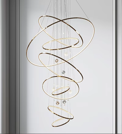 Modern Hanging Golden Circular Rings Chandelier With Light Bulbs Interior Design 3d model