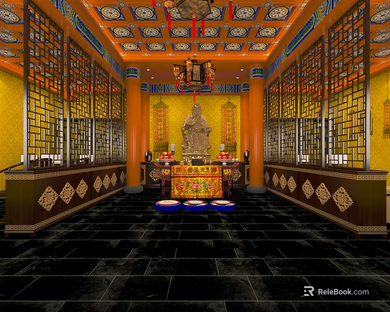 Buddhist Temple Interior With Golden Walls Carved Windows Buddha Statue And Altar 3d model 