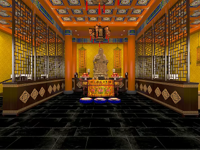 Buddhist Temple Interior With Golden Walls Carved Windows Buddha Statue And Altar 3d model