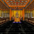 Buddhist Temple Interior With Golden Walls Carved Windows Buddha Statue And Altar