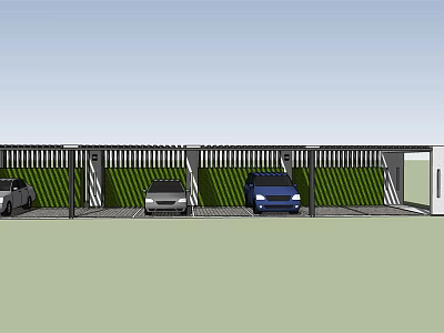 Modern Carport with Green Slatted Panels for Parking Cars in Outdoor Area 3d model