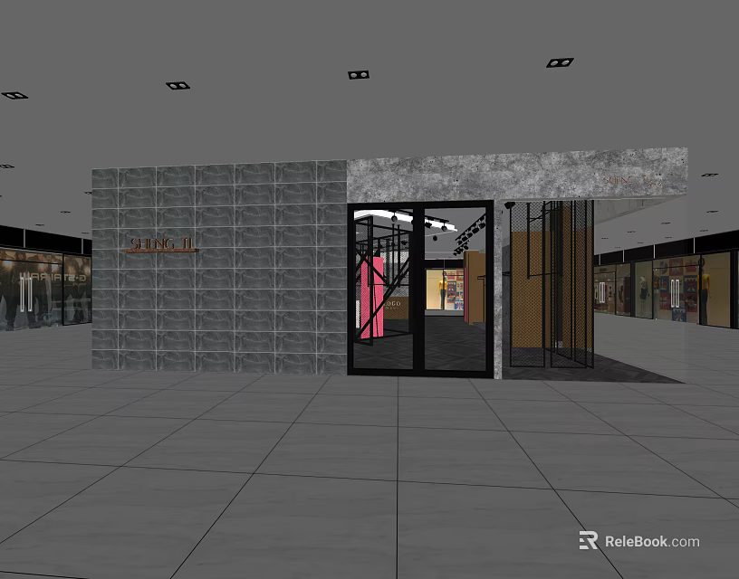 Modern Mall Store Entrance With Glass Revolving Door And Gray Wall Design 3d model 