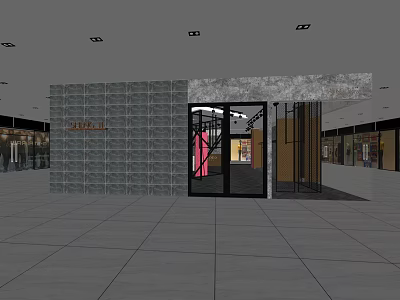 Modern Mall Store Entrance With Glass Revolving Door And Gray Wall Design 3d model