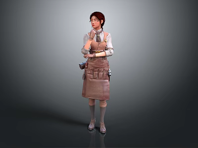 Detailed Game Movie Female Character With Brown Apron Tool Pouch And Long Sleeved Shirt 3d model