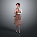 Detailed Game Movie Female Character With Brown Apron Tool Pouch And Long Sleeved Shirt