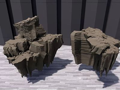 Two Rough Natural Stone Pieces Arranged On Wooden Floor Surface 3d model