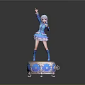 Anime Game Character Statue with Silver Hair Blue Outfit Raised Hand and Decorative Base