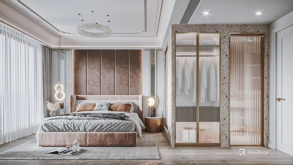 Elegant Modern Bedroom Interior Design With Tufted Headboard Crystal Chandelier And Glass Wardrobe 3d model 