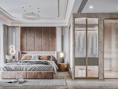 Elegant Modern Bedroom Interior Design With Tufted Headboard Crystal Chandelier And Glass Wardrobe 3d model