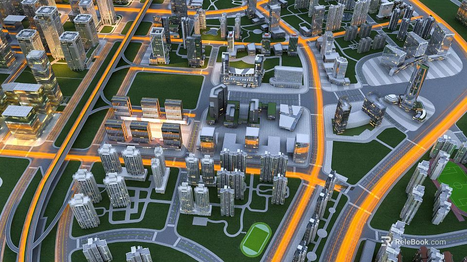 Aerial View of Modern Urban Layout With High Rise Buildings and Road Network 3d model 