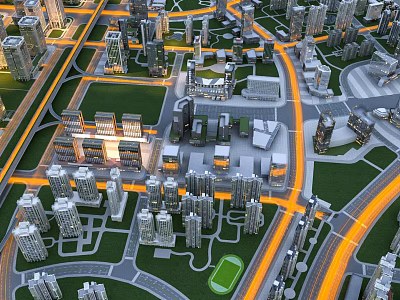 Aerial View of Modern Urban Layout With High Rise Buildings and Road Network 3d model