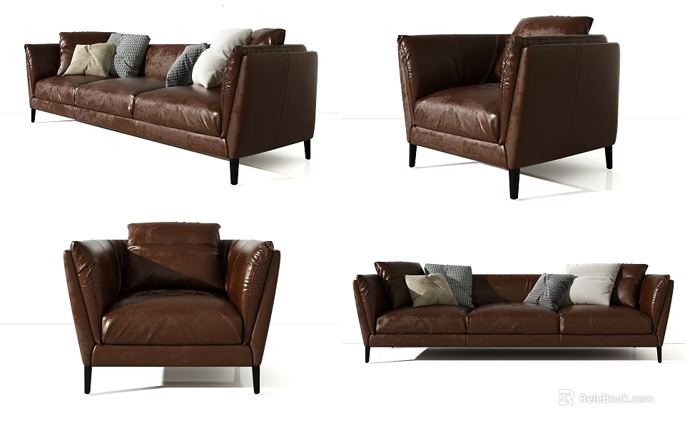 Modern Brown Leather Sofa Set With Decorative Pillows And Contemporary Design 3d model