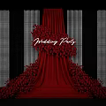 Banquet Hall for Wedding Party with Red Drapery Floral Arrangements and Striped Backdrop