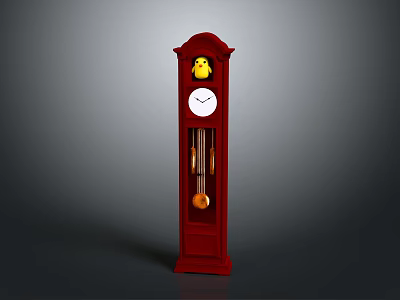 Red Grandfather Clock With Yellow Bird Decoration White Face And Pendulum For Home Decor 3d model