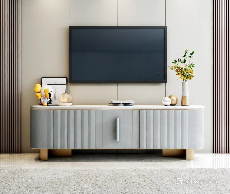 Modern Gray TV Stand With Vertical Stripes Wooden Legs And Decorative Vases Near Wall TV 3d model 
