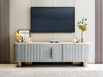 Modern Gray TV Stand With Vertical Stripes Wooden Legs And Decorative Vases Near Wall TV 3d model