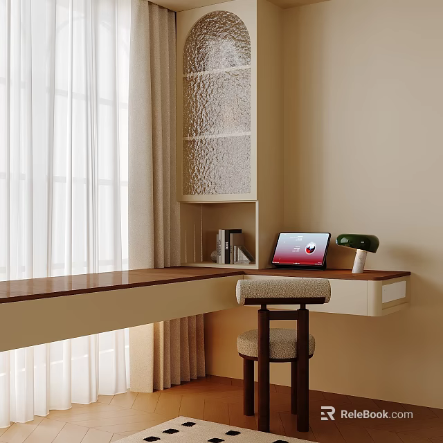 Cozy Home Office Desk With Wooden Top Laptop Table Lamp Bookshelf And Window Curtains 3d model 
