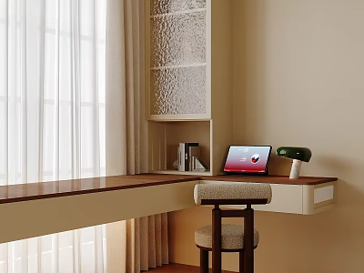 Cozy Home Office Desk With Wooden Top Laptop Table Lamp Bookshelf And Window Curtains 3d model
