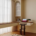 Cozy Home Office Desk With Wooden Top Laptop Table Lamp Bookshelf And Window Curtains