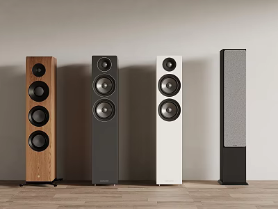 Modern Floor Standing Speakers In Wooden Black White Gray Finishes Against Wall On Wooden Floor 3d model