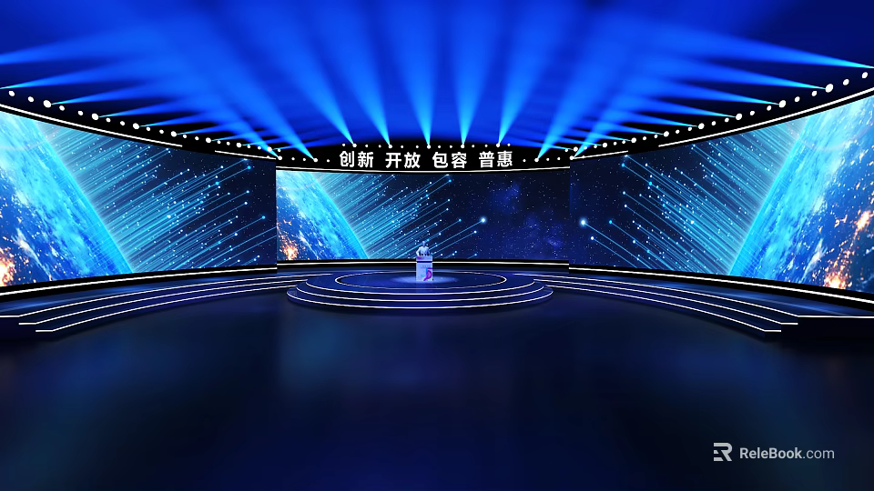 Modern Stage Design With Blue Lighting Circular Platform Large Screens Displaying Innovation Openness Inclusiveness Progress 3d model 