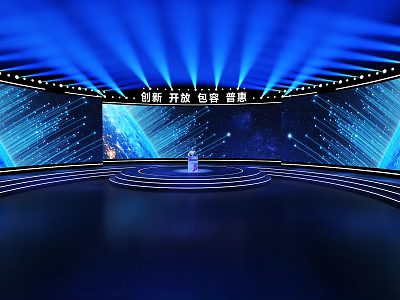 Modern Stage Design With Blue Lighting Circular Platform Large Screens Displaying Innovation Openness Inclusiveness Progress 3d model